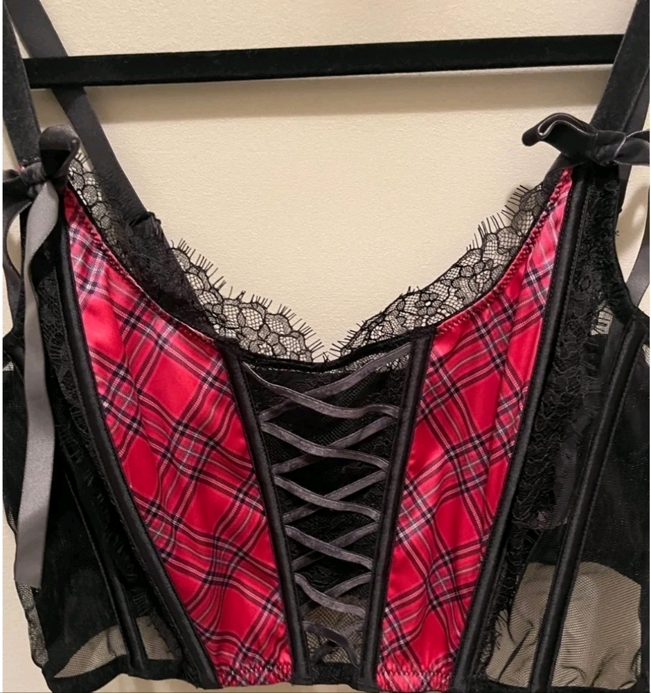 Lacy Plaid Unlined Lace Up corset top - Picture 3 of 8